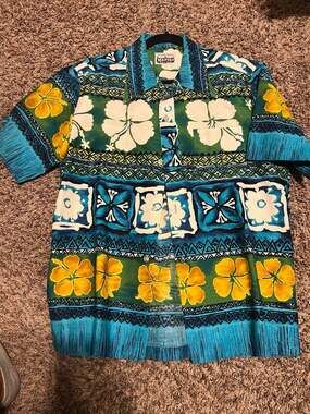 Vintage 60s Napili Made in Hawaii Barkcloth Hibiscus Tribal Hawaiian Shirt